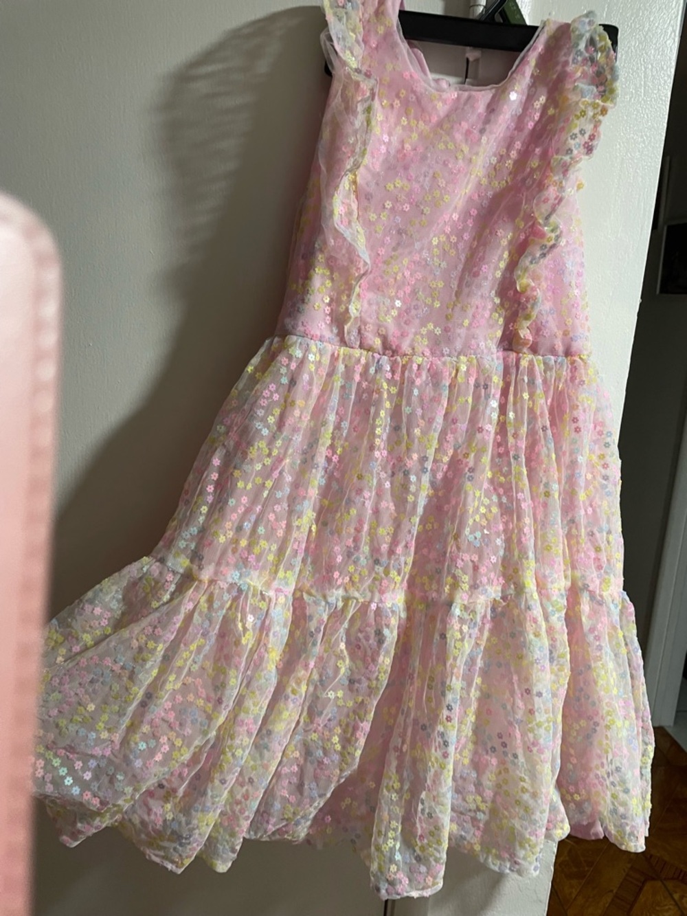 Pink Sequin Tiered Ruffle Dress